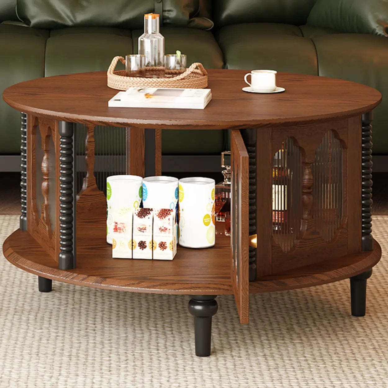 Vintage Round Wood Coffee Table Set with Shelf
