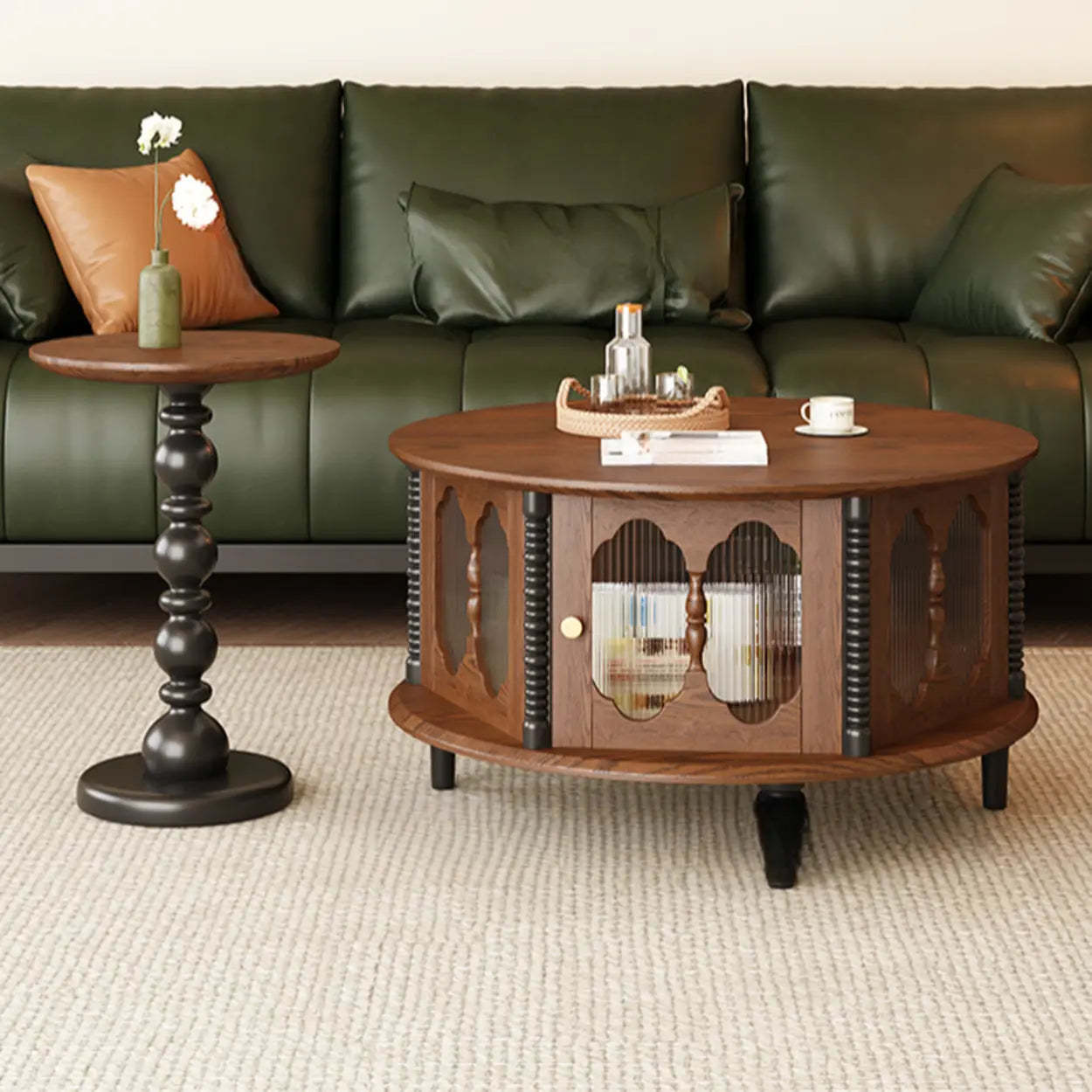 Vintage Round Wood Coffee Table Set with Shelf