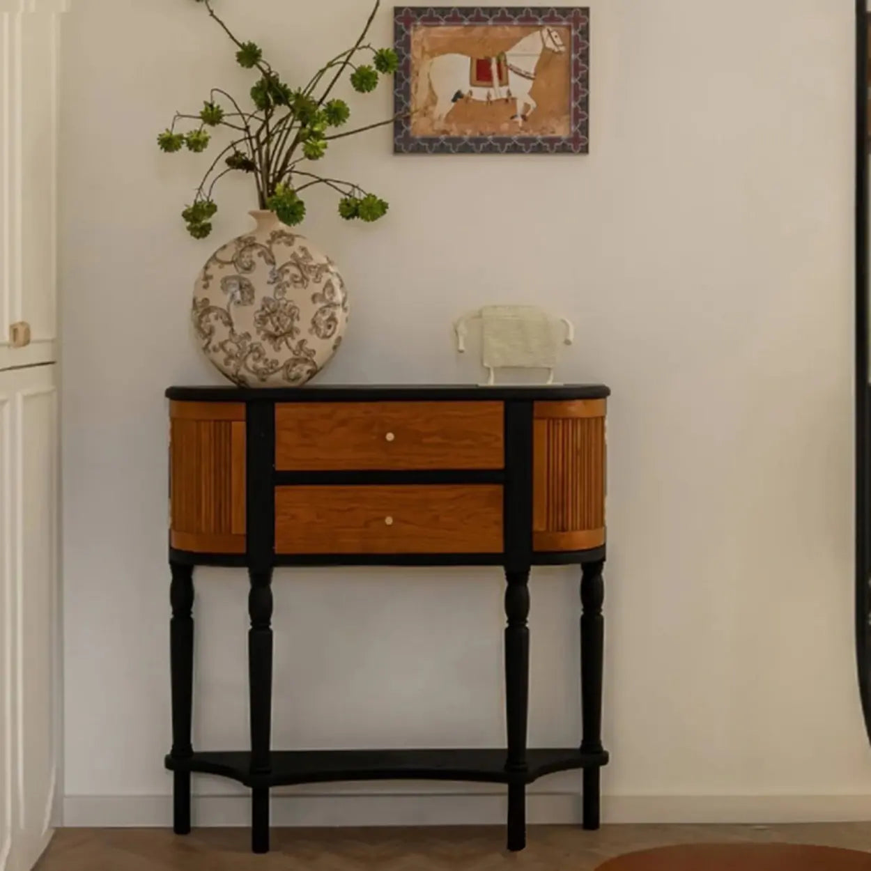 Vintage 2-Drawer Wood Narrow Console Table with Shelf — Black