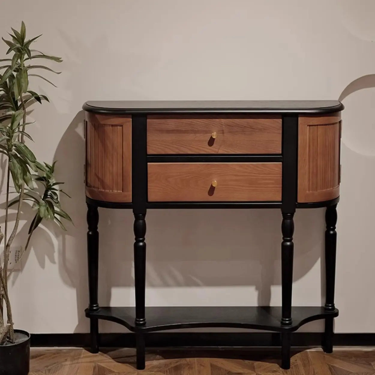 Vintage 2-Drawer Wood Narrow Console Table with Shelf — Black