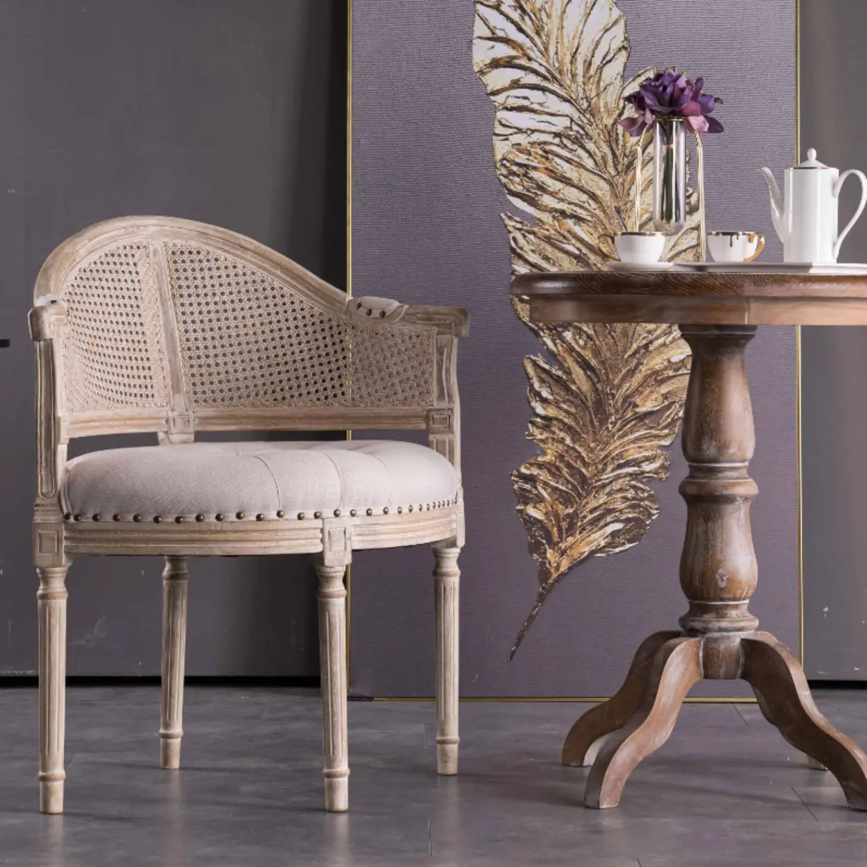 Vintage Distressed Wood Cane-Back Dining Chair — Off-White