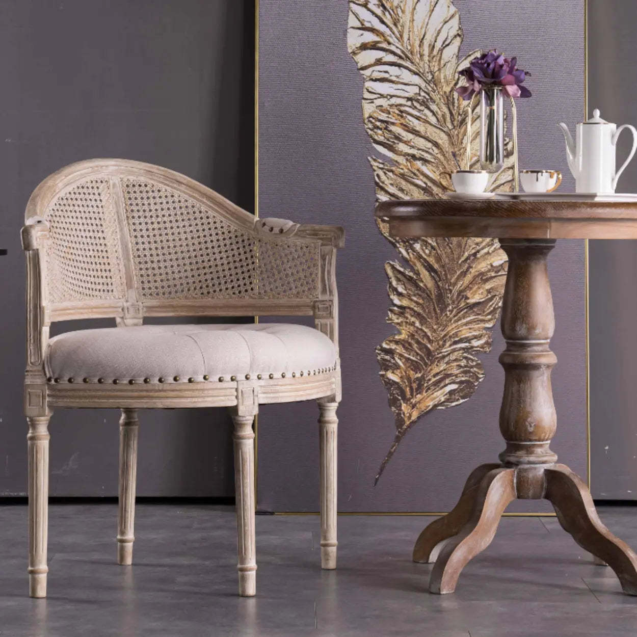 Vintage Distressed Wood Cane-Back Dining Chair — Off-White