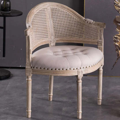 Vintage Distressed Wood Cane-Back Dining Chair — Light Gray