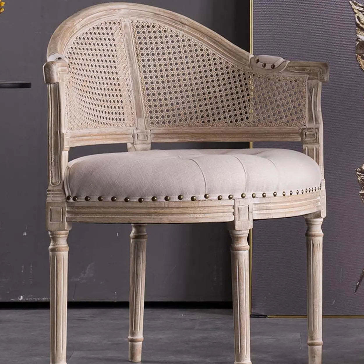 Vintage Distressed Wood Cane-Back Dining Chair