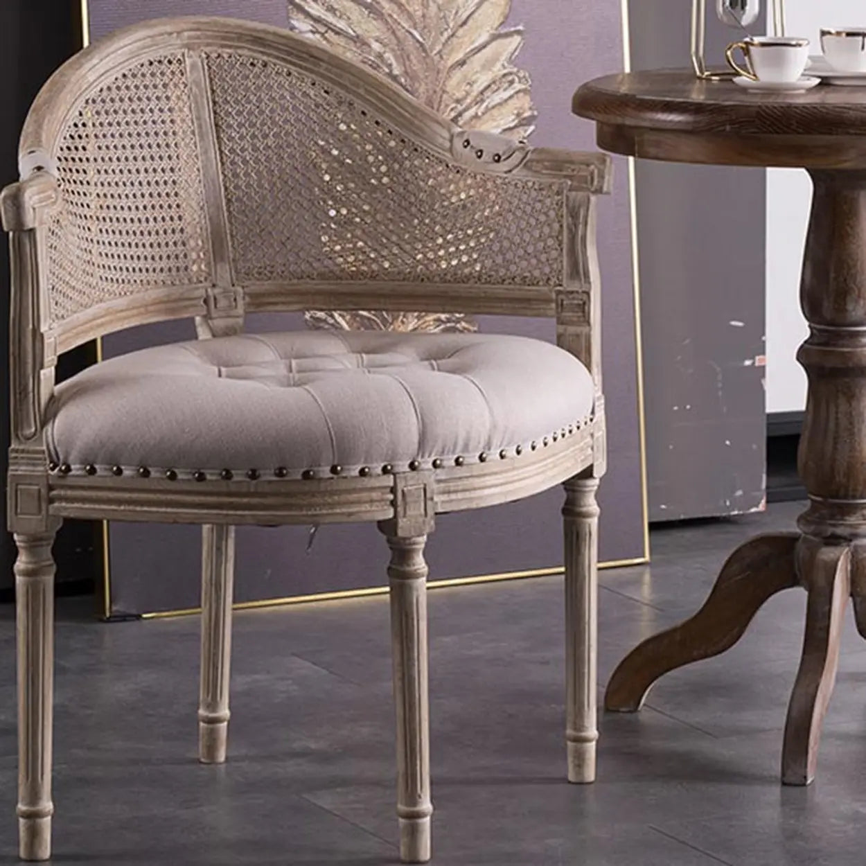 Vintage Distressed Wood Cane-Back Dining Chair