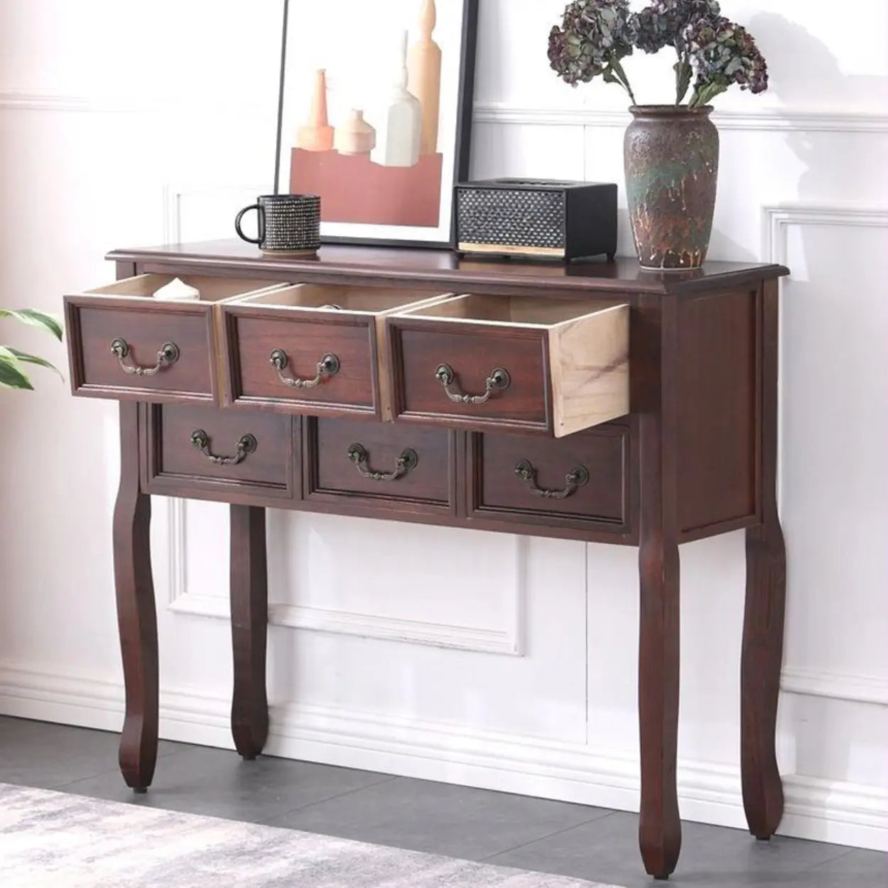 Vintage Walnut Tall Console Table with Drawers