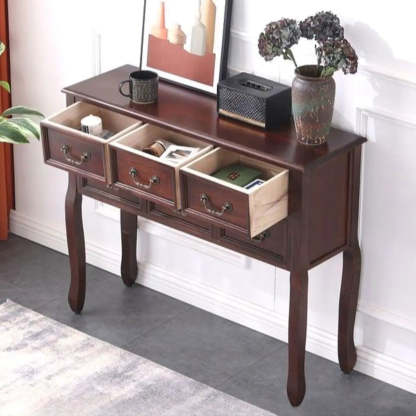 Vintage Walnut Tall Console Table with Drawers — White