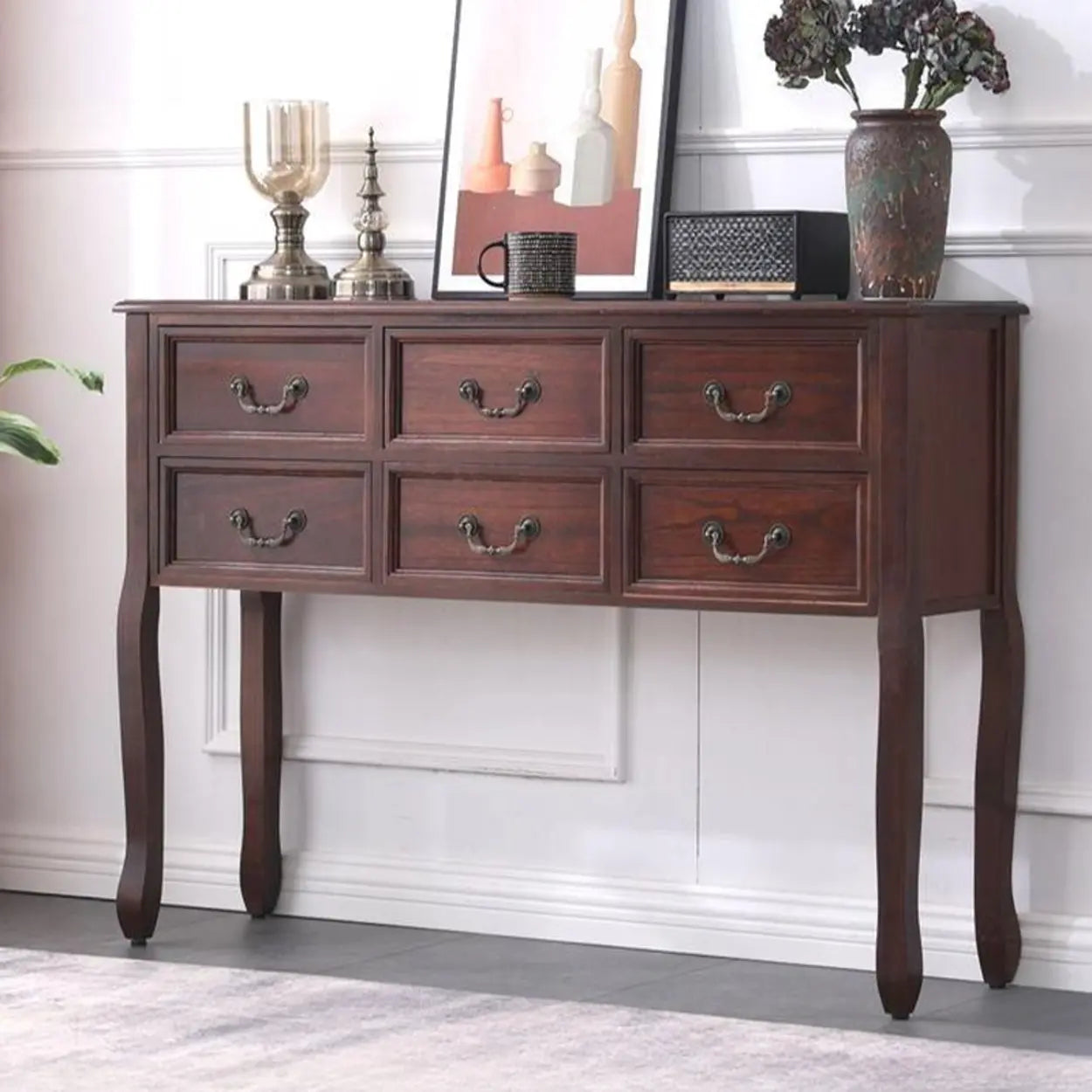 Vintage Walnut Tall Console Table with Drawers — Red