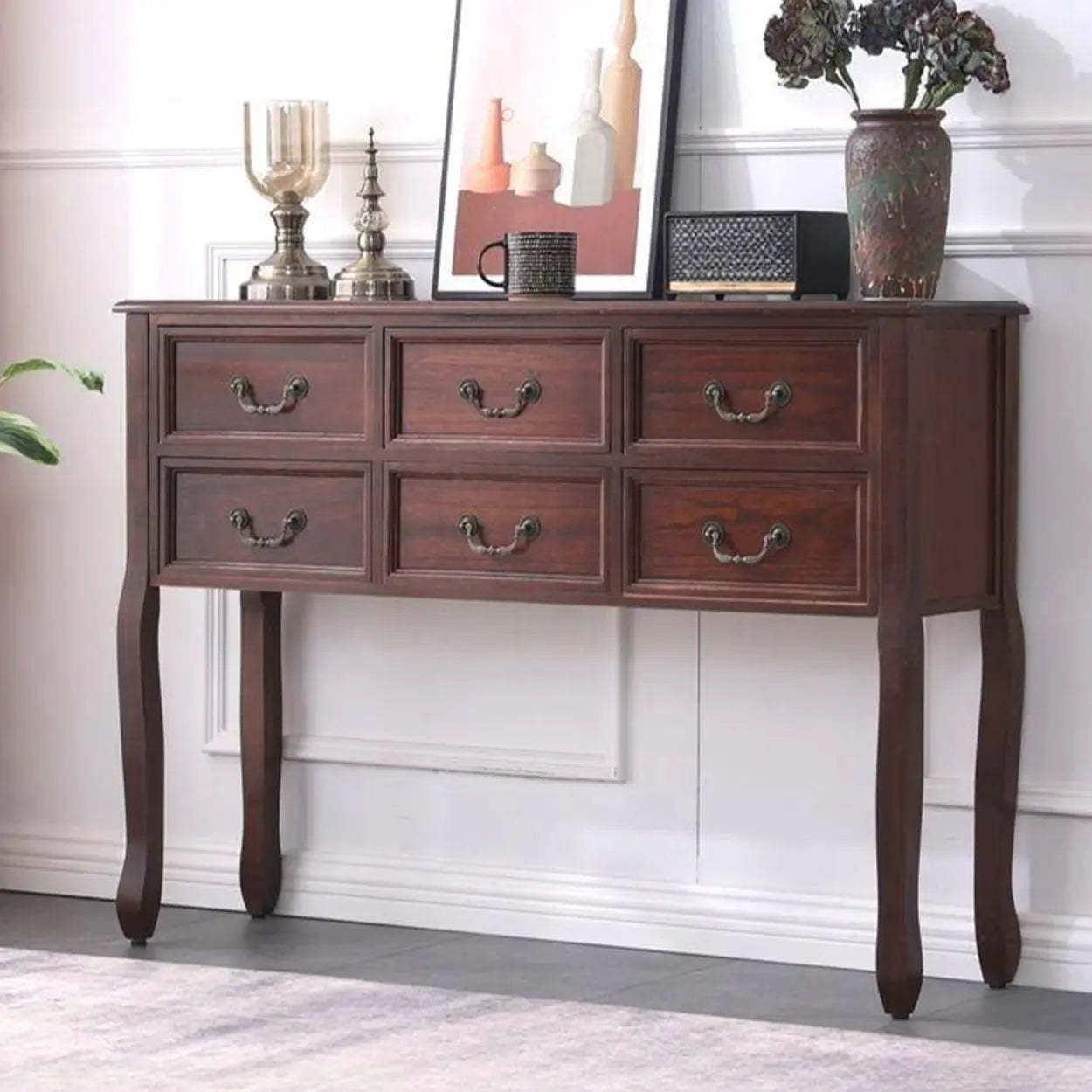 Vintage Walnut Tall Console Table with Drawers — Red