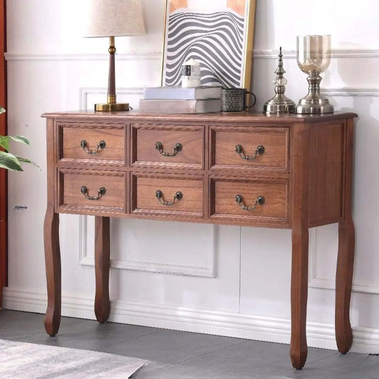 Vintage Walnut Tall Console Table with Drawers — Light Walnut