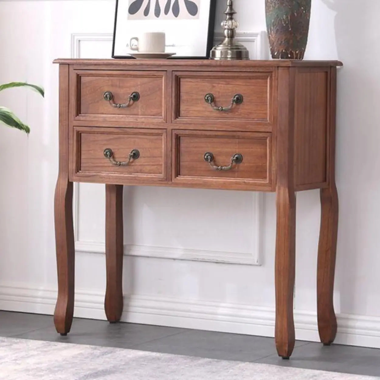 Vintage Walnut Tall Console Table with Drawers — White