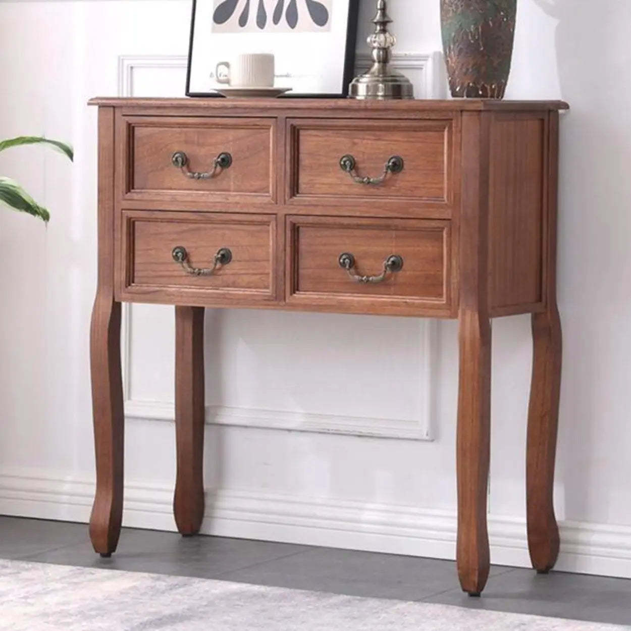 Vintage Walnut Tall Console Table with Drawers — White