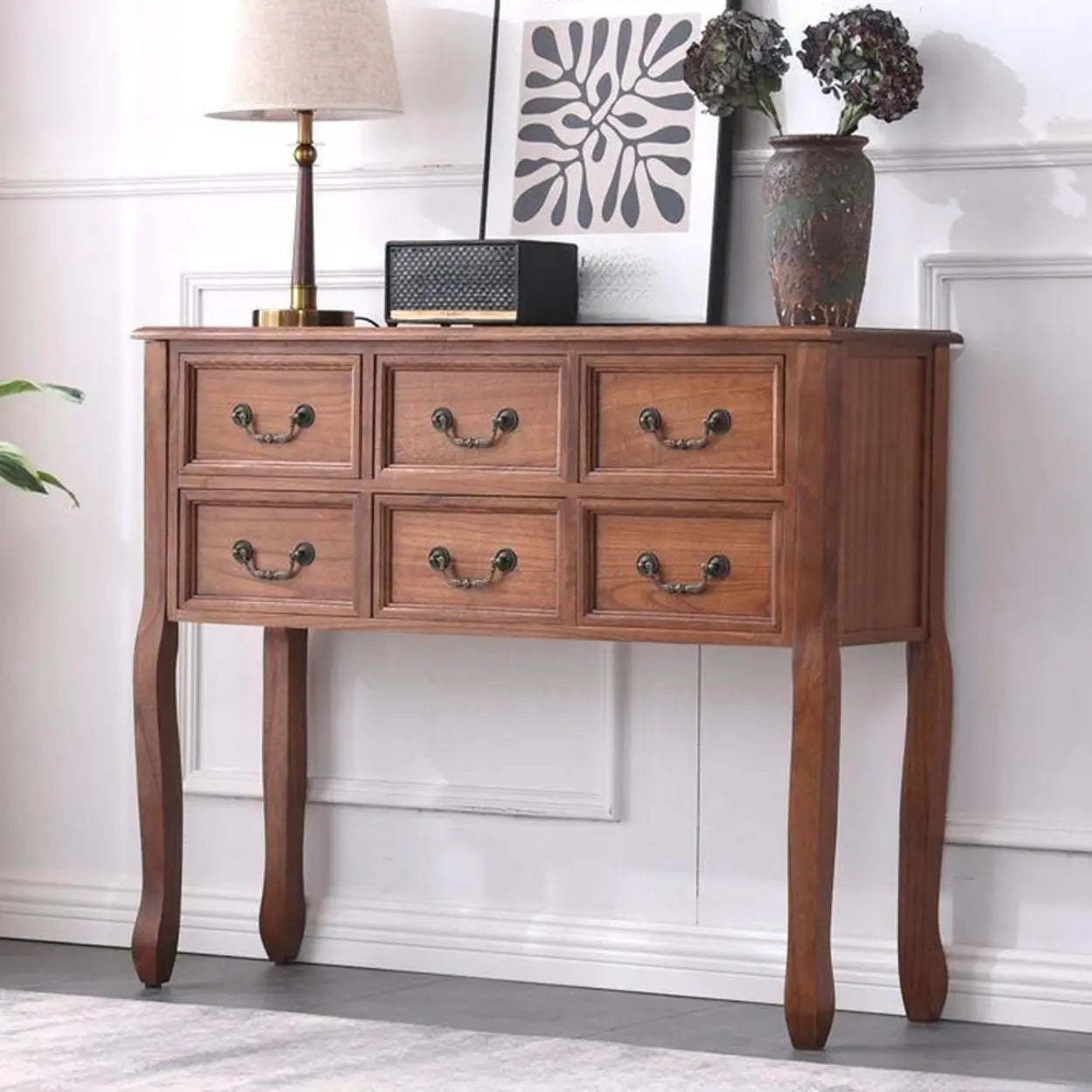 Vintage Walnut Tall Console Table with Drawers — Light Walnut