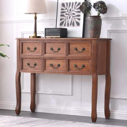 Vintage Walnut Tall Console Table with Drawers — Light Walnut