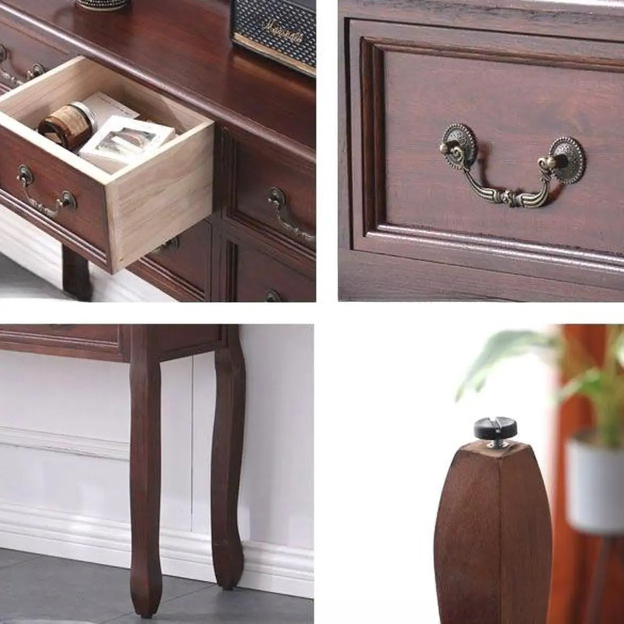 Vintage Walnut Tall Console Table with Drawers — Dark Walnut