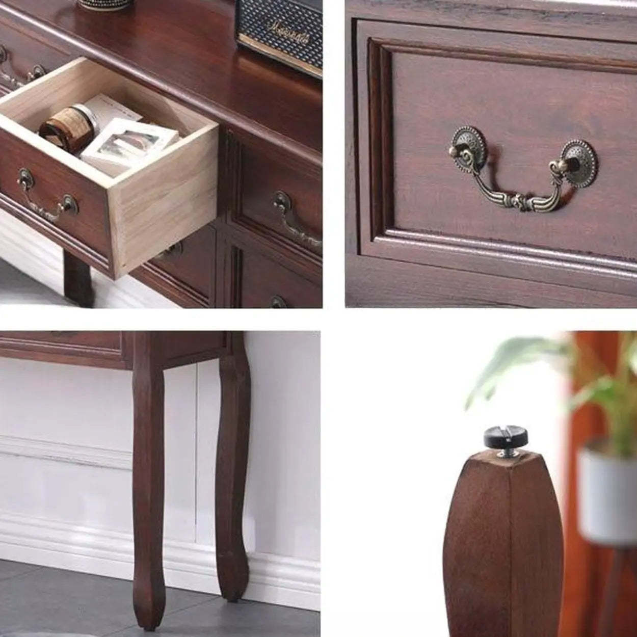Vintage Walnut Tall Console Table with Drawers — Dark Walnut