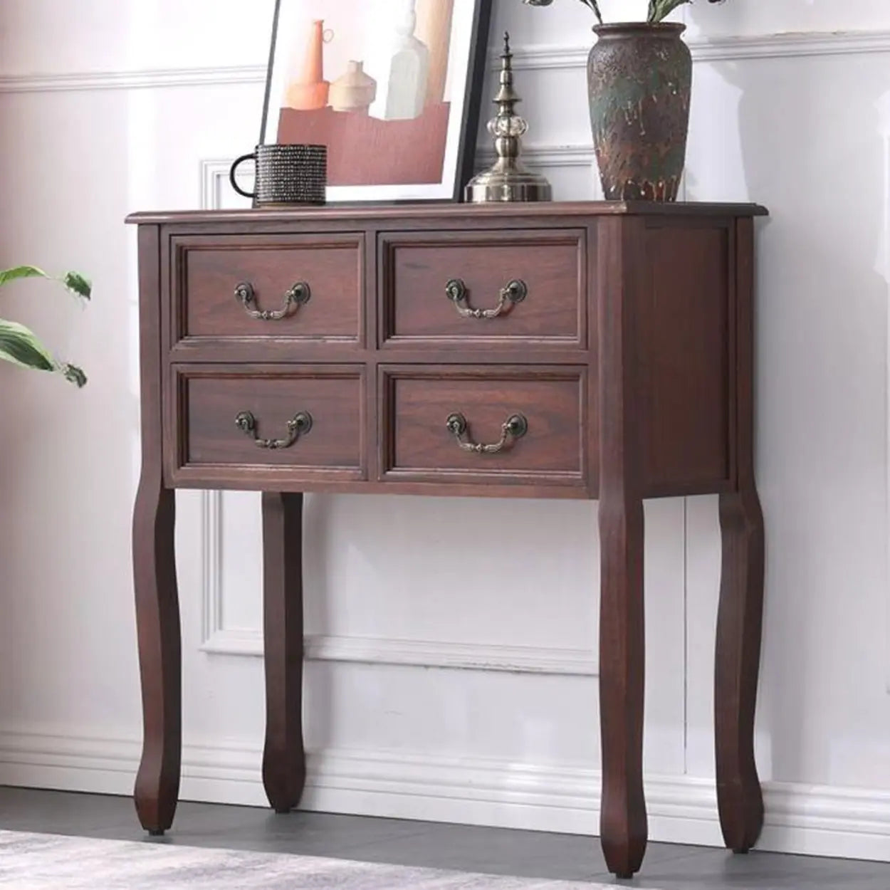 Vintage Walnut Tall Console Table with Drawers — White