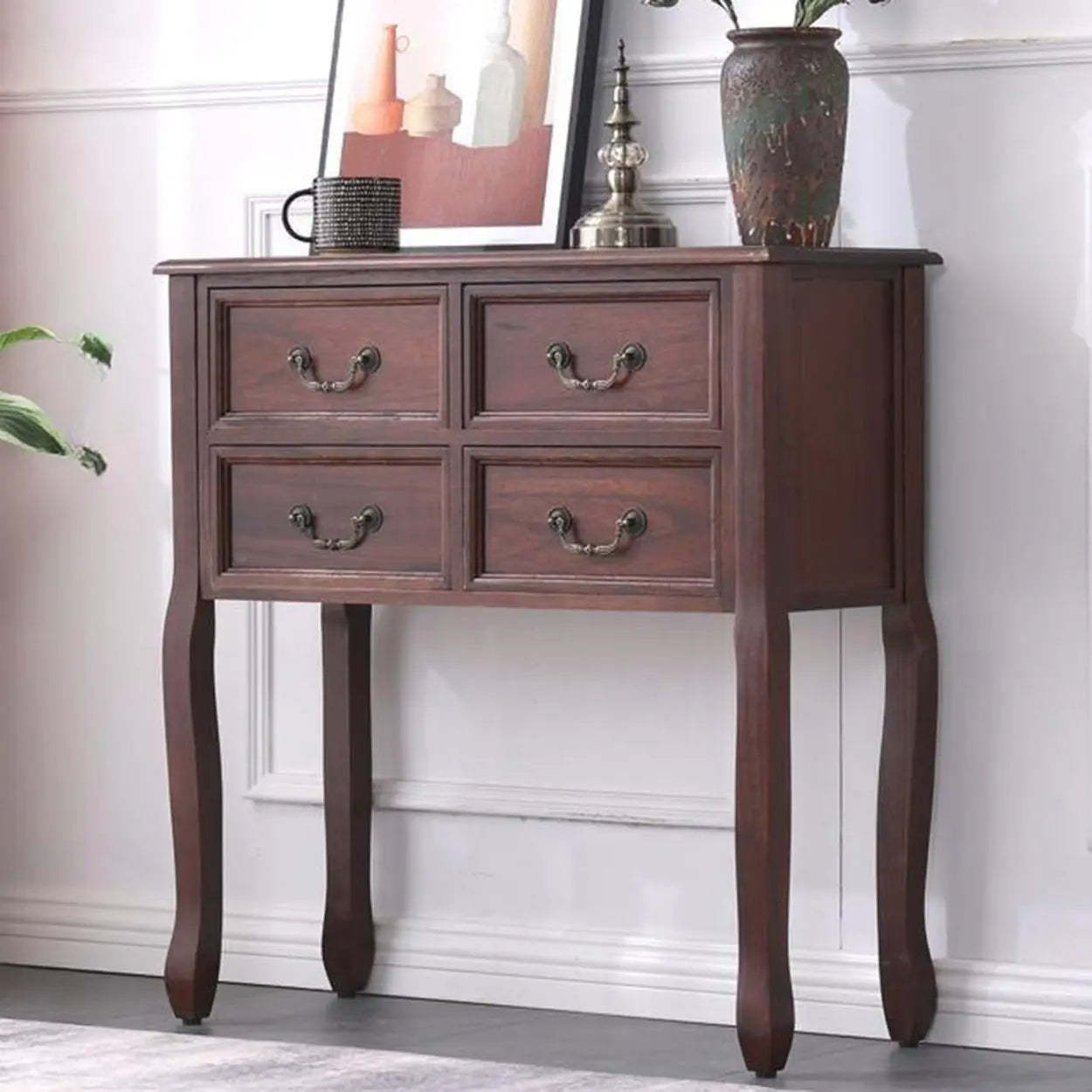 Vintage Walnut Tall Console Table with Drawers — White