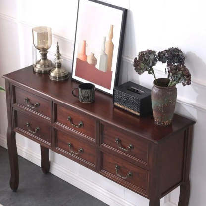 Vintage Walnut Tall Console Table with Drawers — Light Walnut