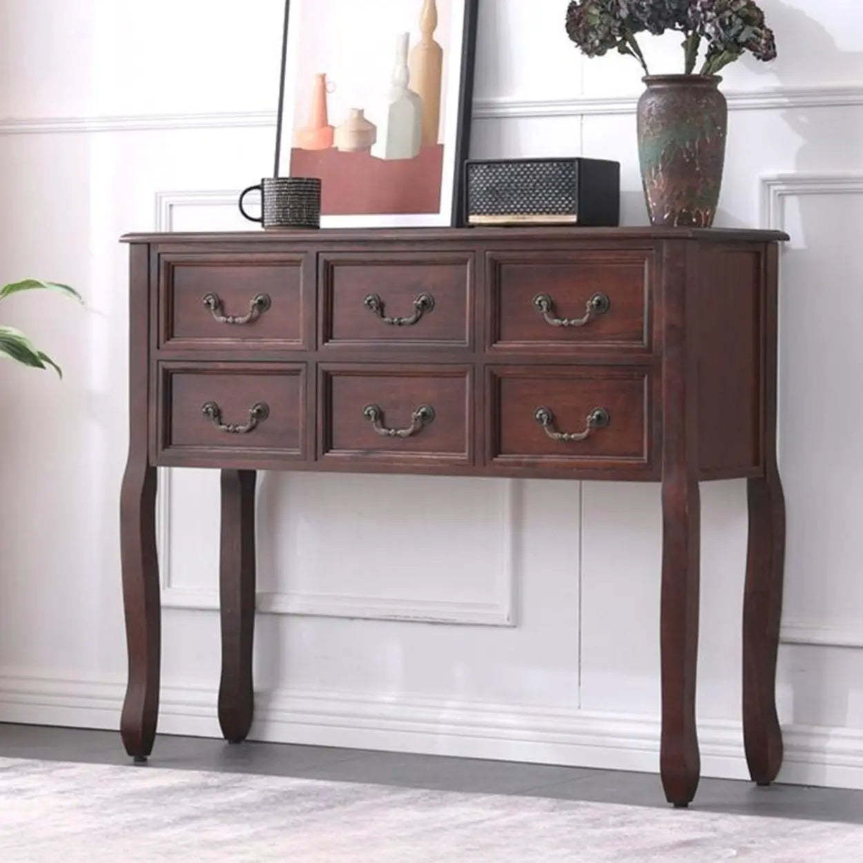 Vintage Walnut Tall Console Table with Drawers — Dark Walnut