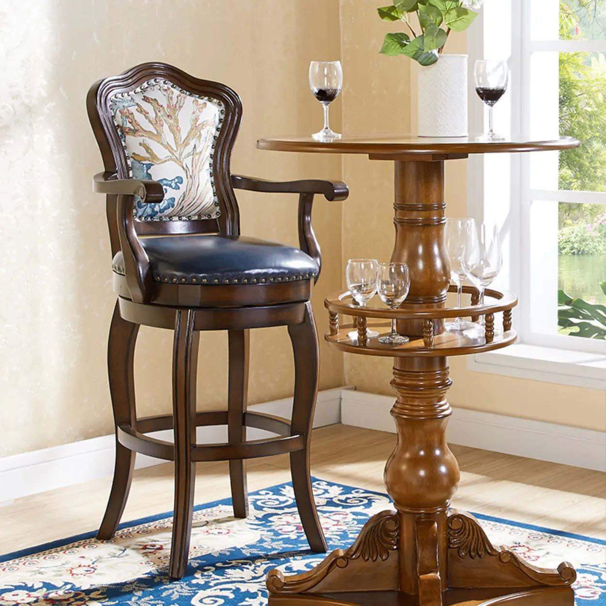 Vintage Wood Leather Swivel Counter Bar Stool — Blue