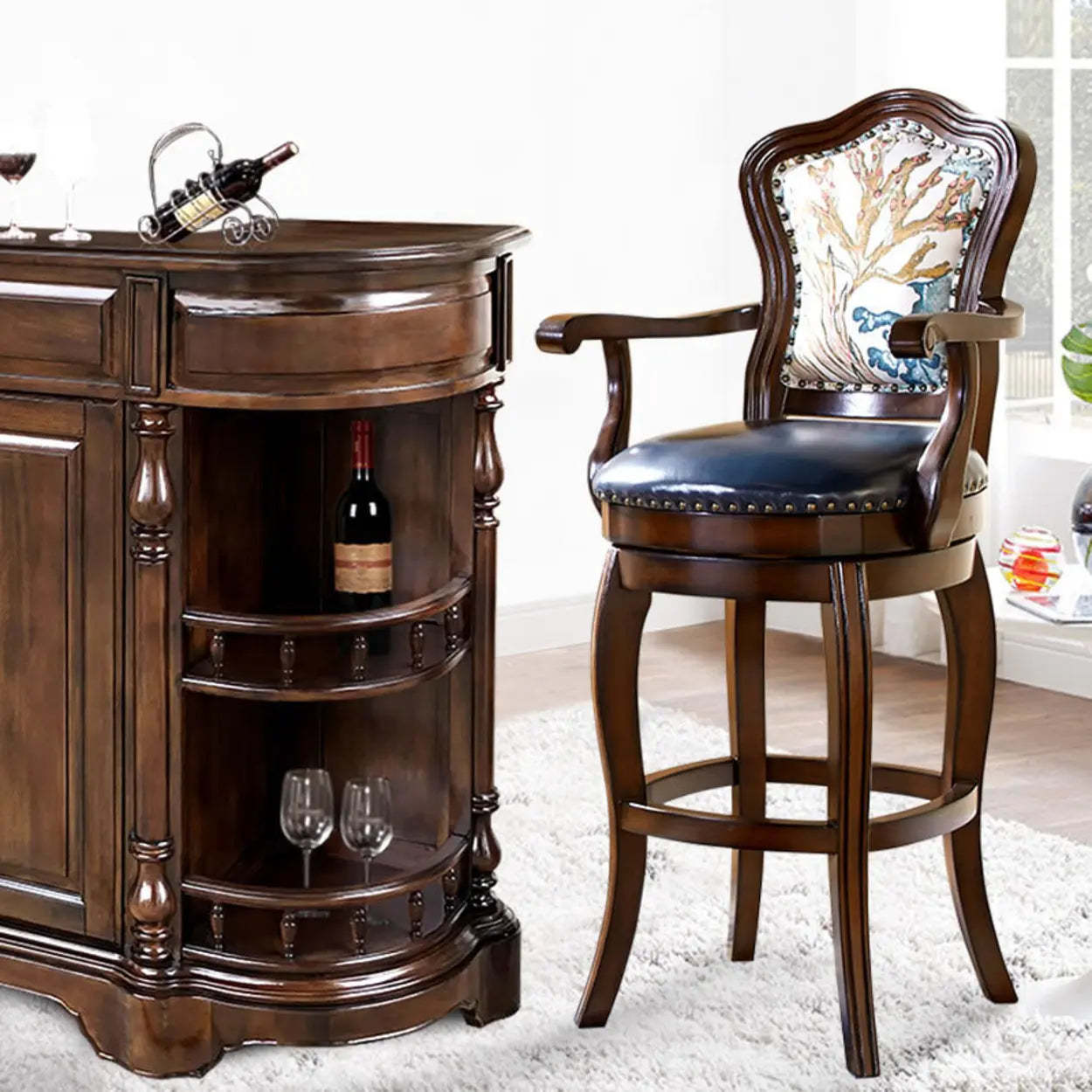 Vintage Wood Leather Swivel Counter Bar Stool — Blue