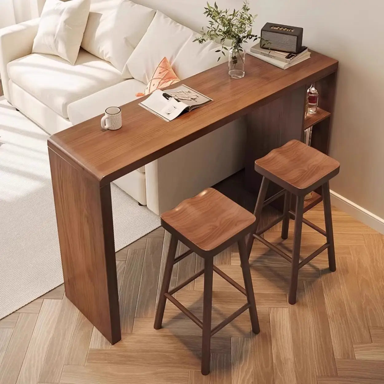 Vintage Wood Space-Saving Breakfast Bar Stool with Shelves — Table Only