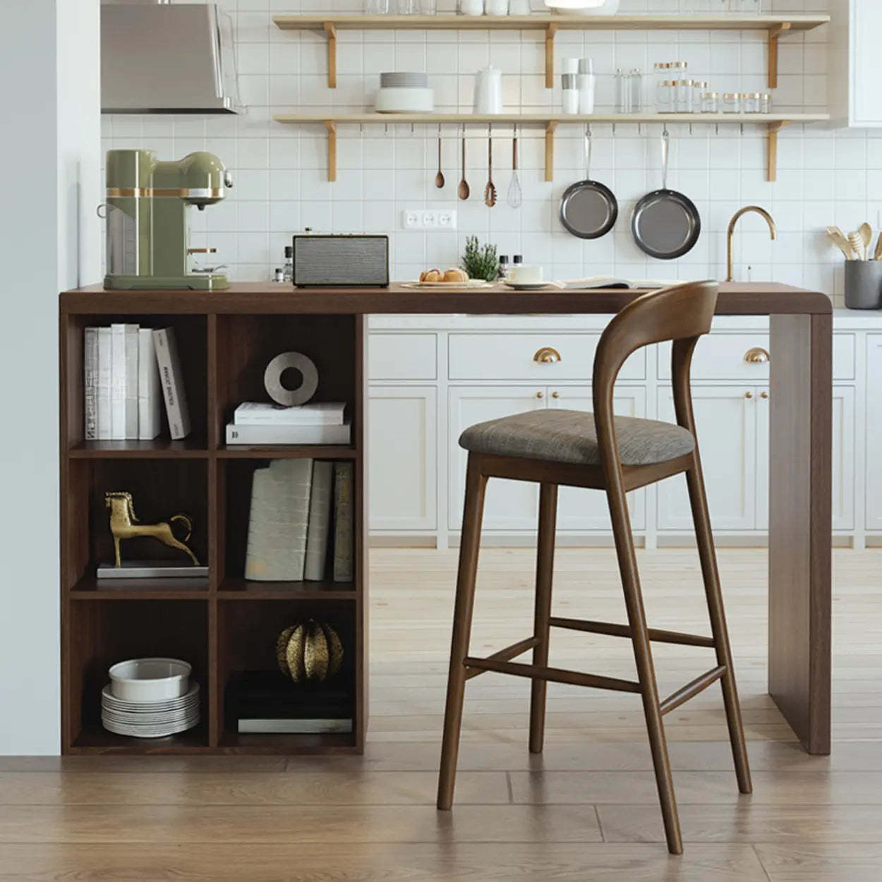 Vintage Wood Counter Height Bar Stool with Shelves — Table Only