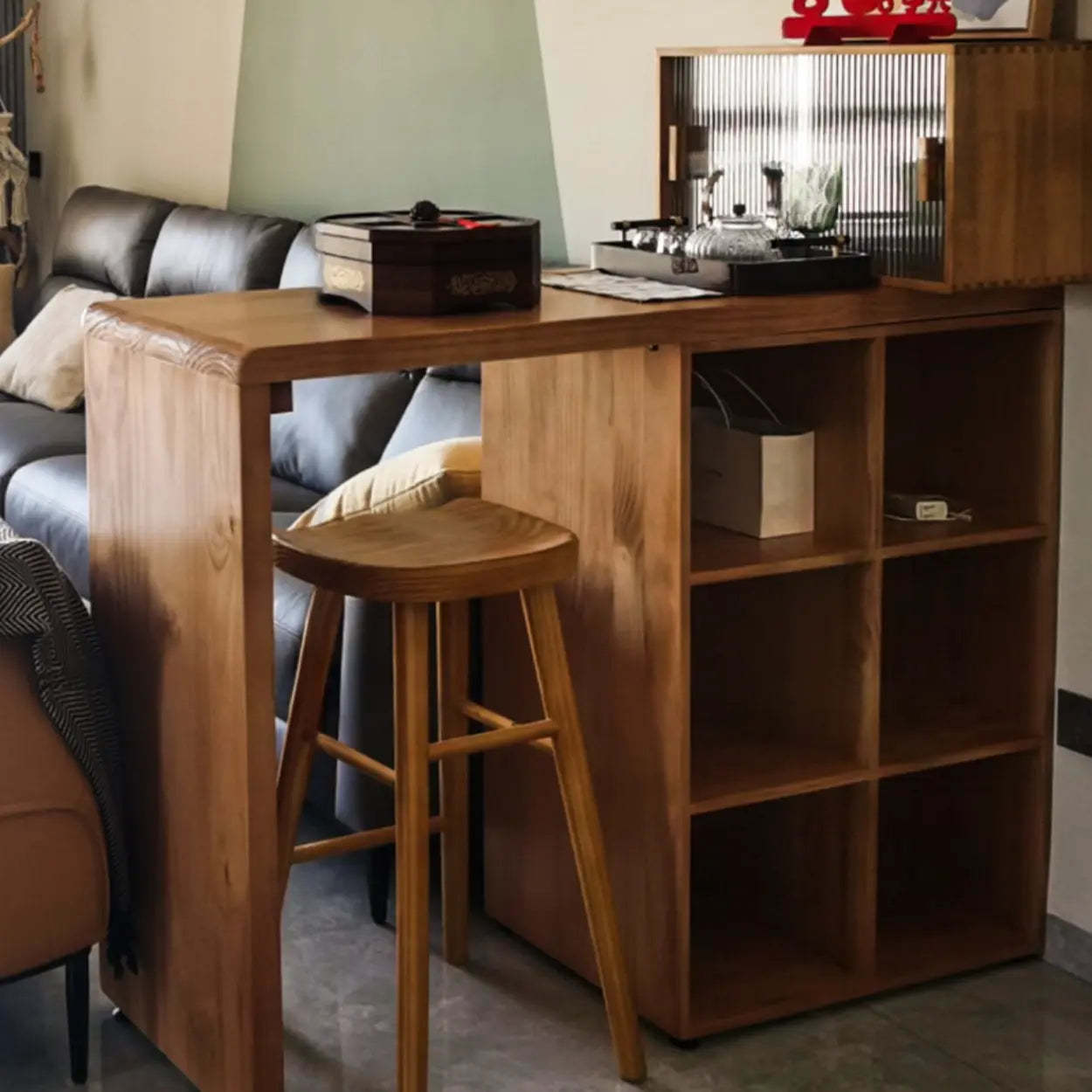 Vintage Wood Counter Height Bar Stool with Shelves — Table Only