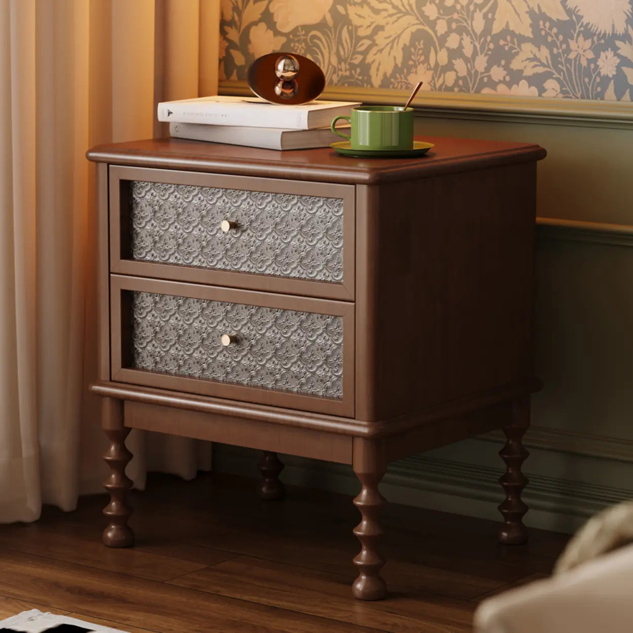 Vintage Walnut Wood Nightstand with Embossed Drawers — Black