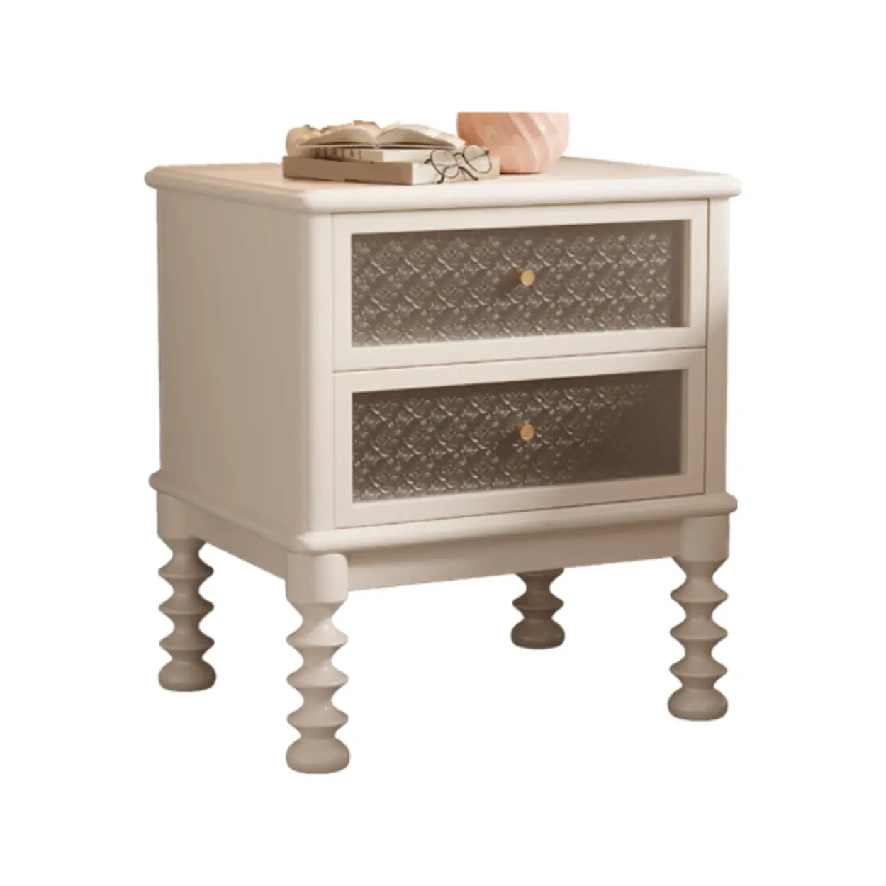 Vintage Walnut Wood Nightstand with Embossed Drawers — White