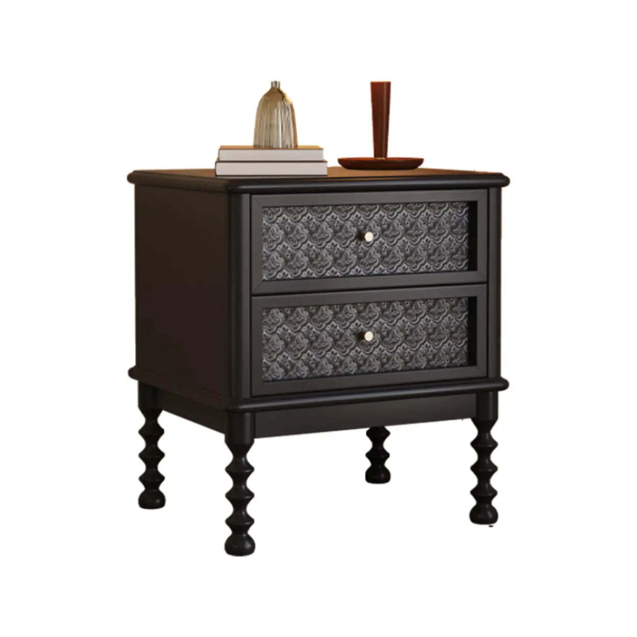 Vintage Walnut Wood Nightstand with Embossed Drawers — Walnut