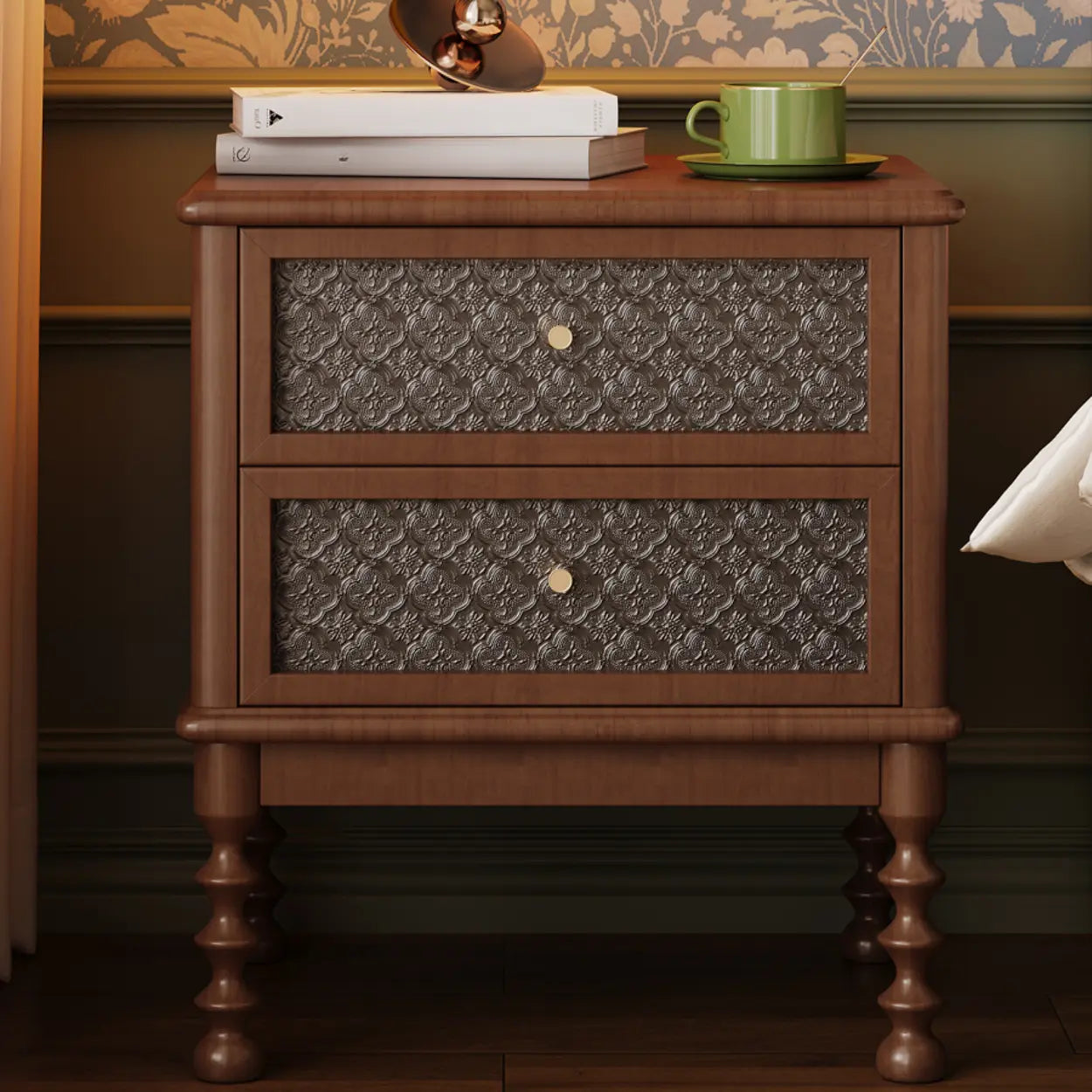 Vintage Walnut Wood Nightstand with Embossed Drawers