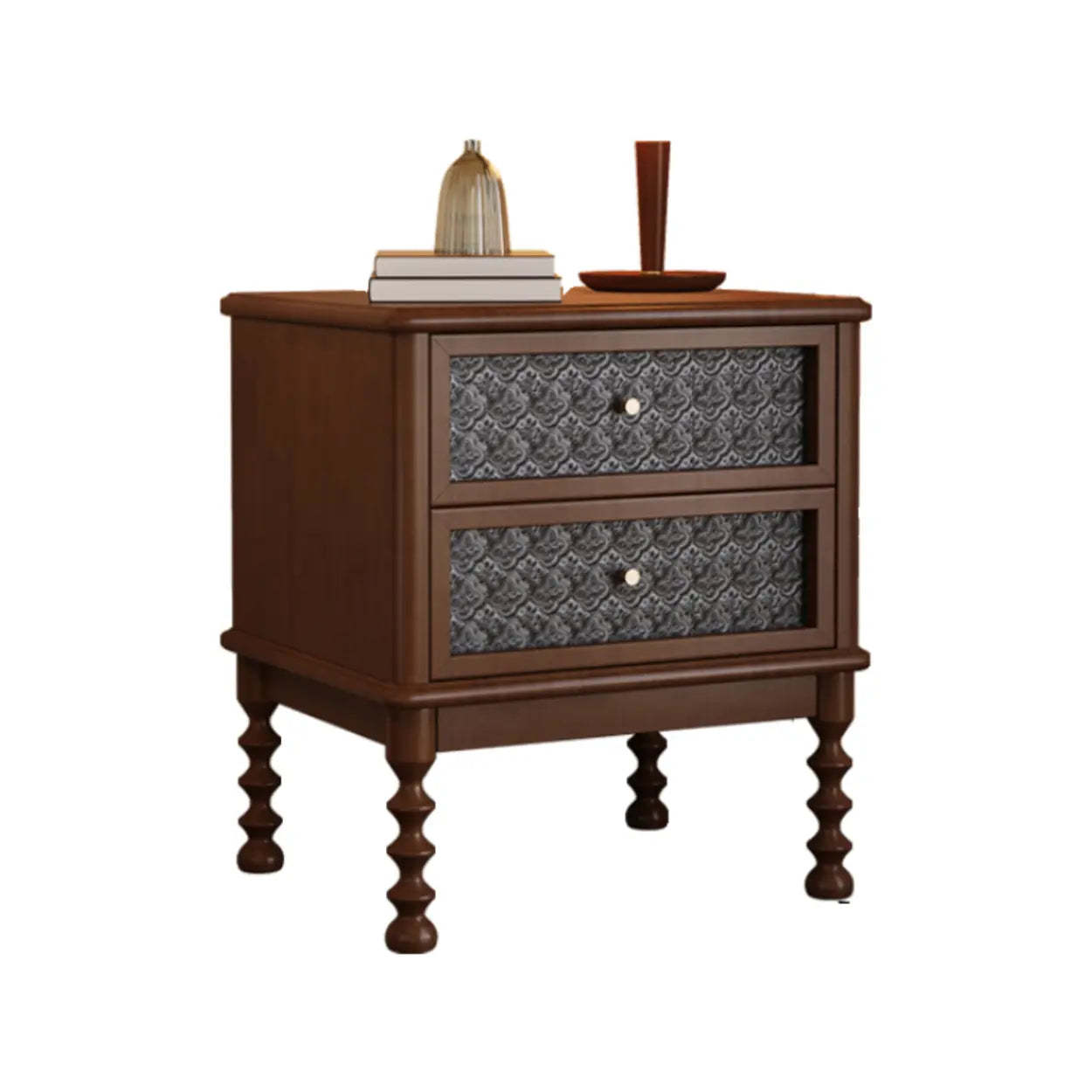 Vintage Walnut Wood Nightstand with Embossed Drawers