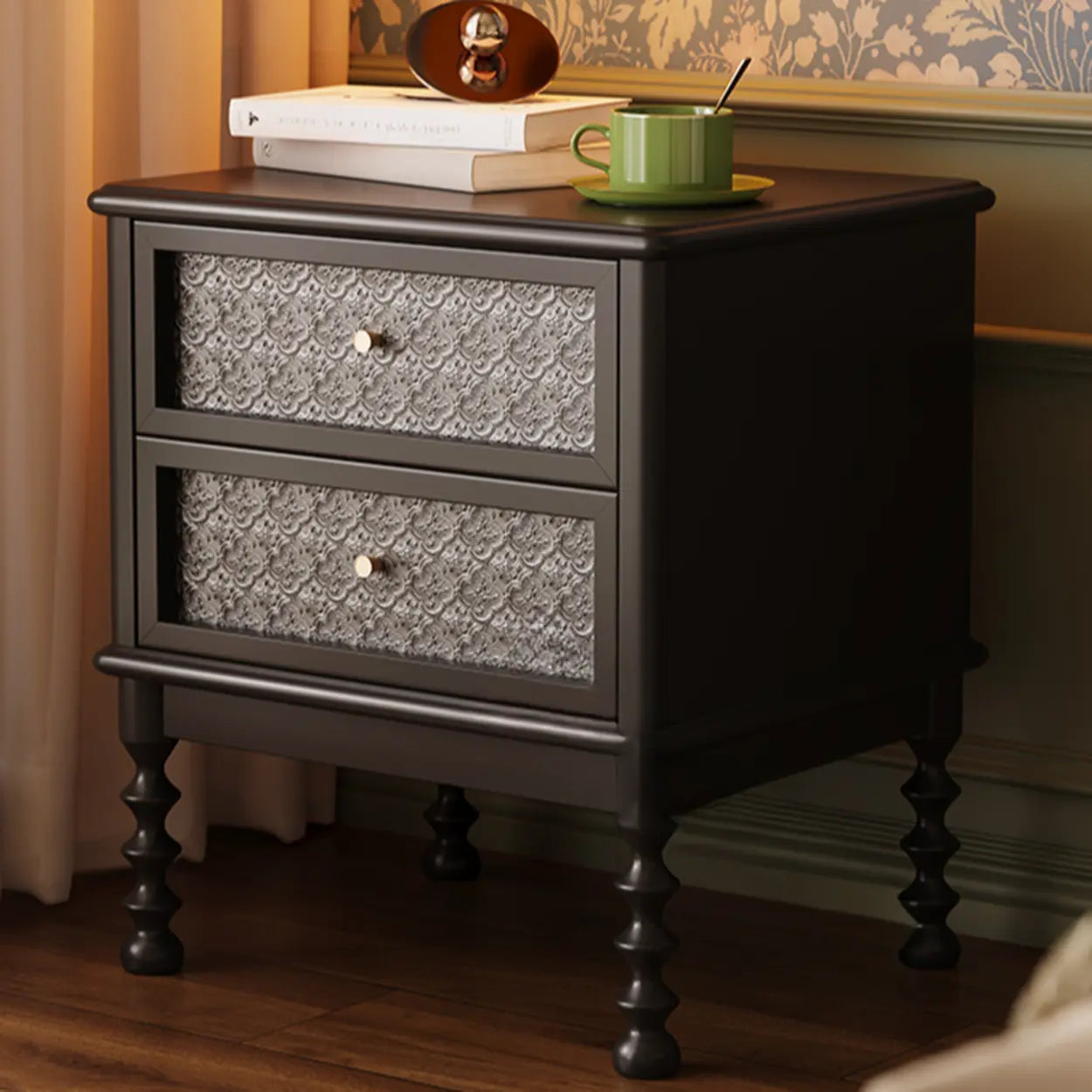 Vintage Walnut Wood Nightstand with Embossed Drawers