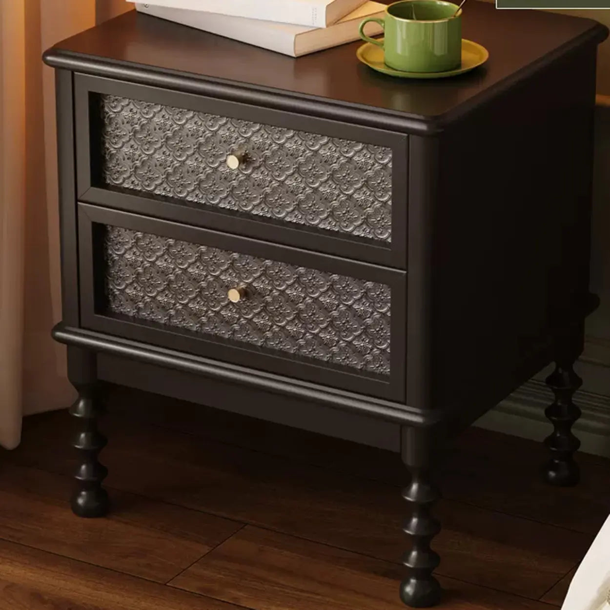 Vintage Walnut Wood Nightstand with Embossed Drawers