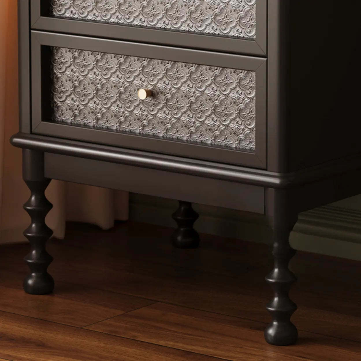 Vintage Walnut Wood Nightstand with Embossed Drawers