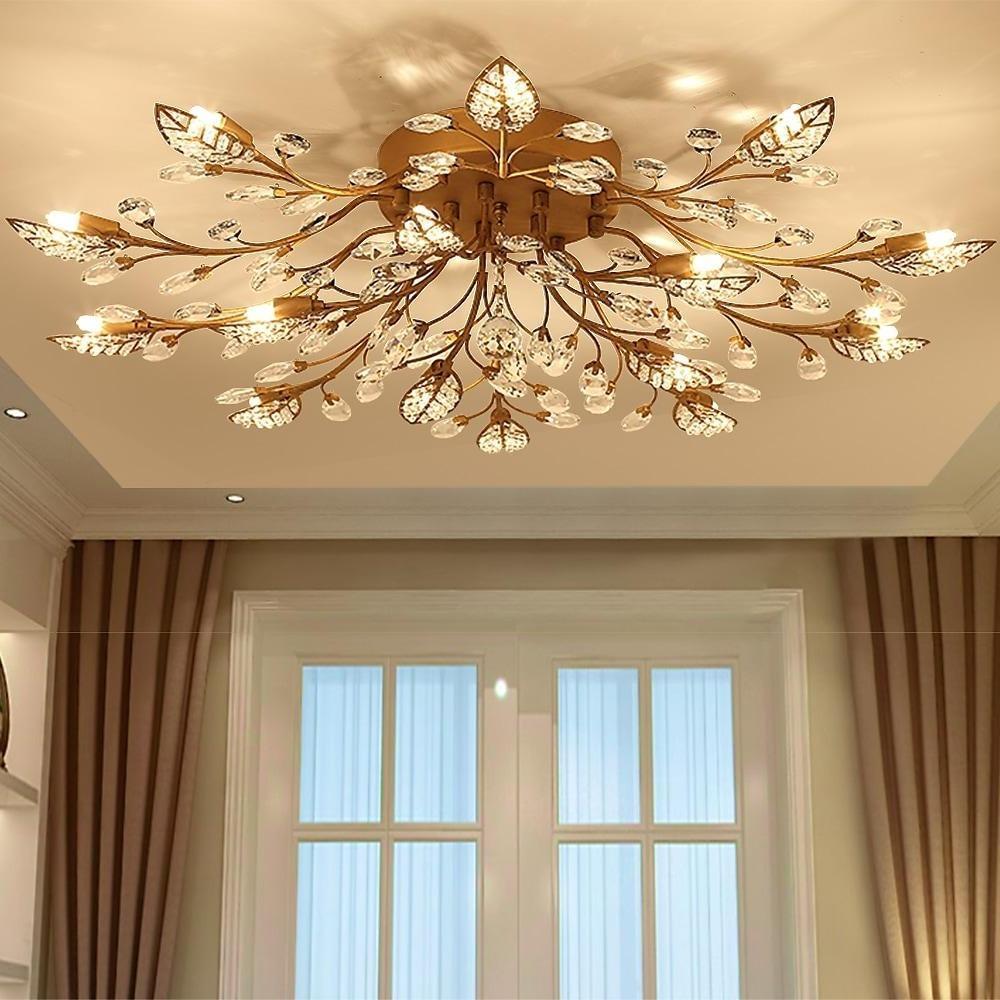Crystal Leaf Brushed Flush Mount Chandelier