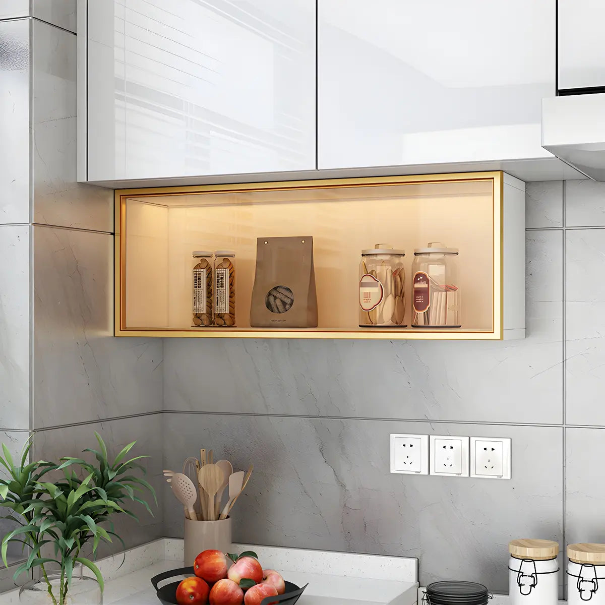 Wall-Mounted Kitchen Glass China Cabinet — Grey / Led Lights Included