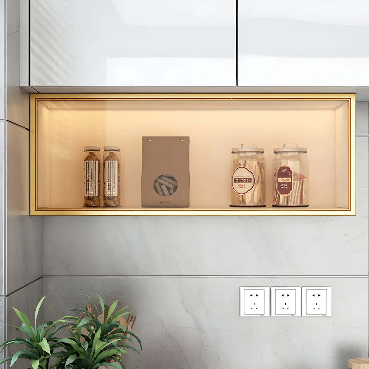 Wall-Mounted Kitchen Glass China Cabinet — White / Led Lights Included