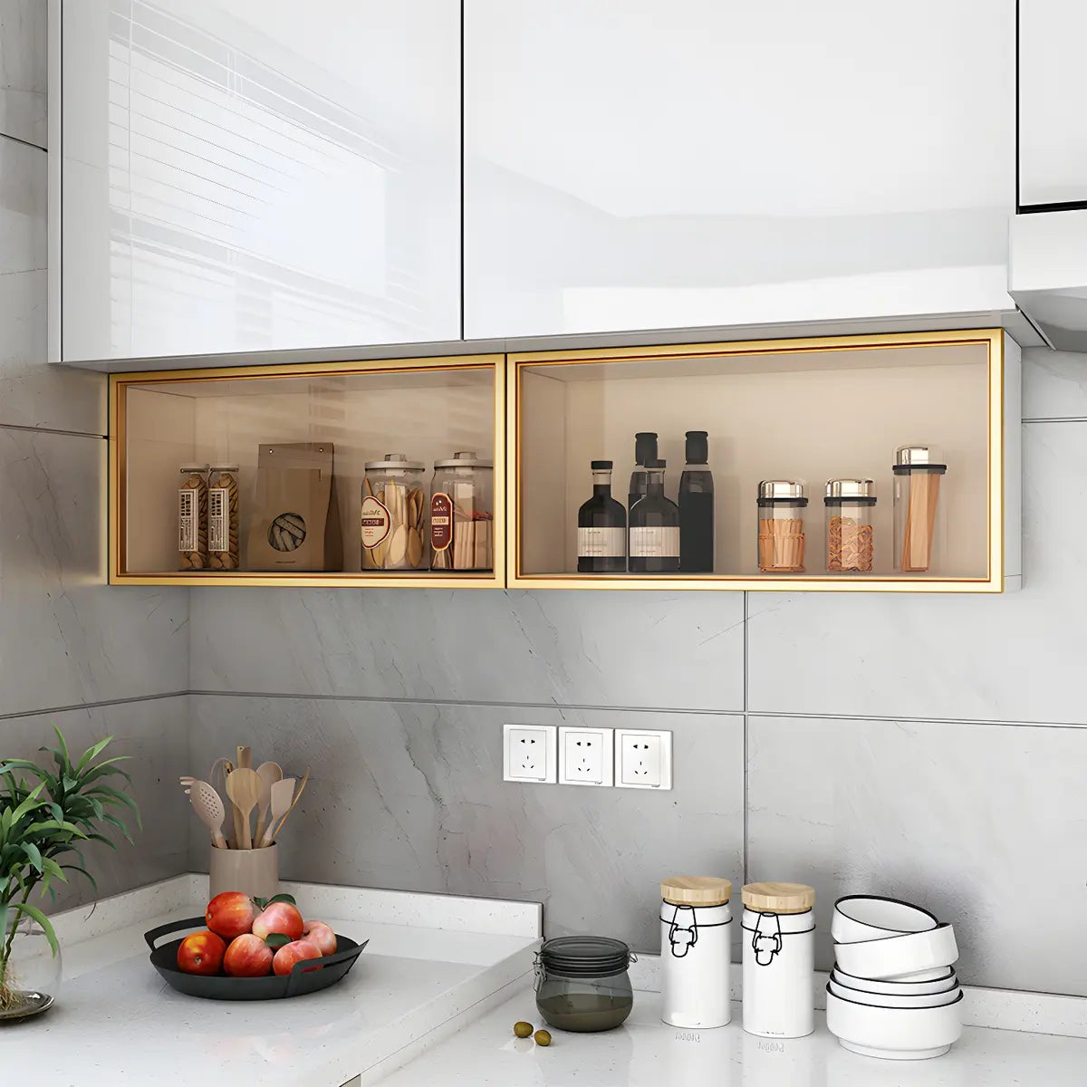 Wall-Mounted Kitchen Glass China Cabinet — White / Led Lights Not Included