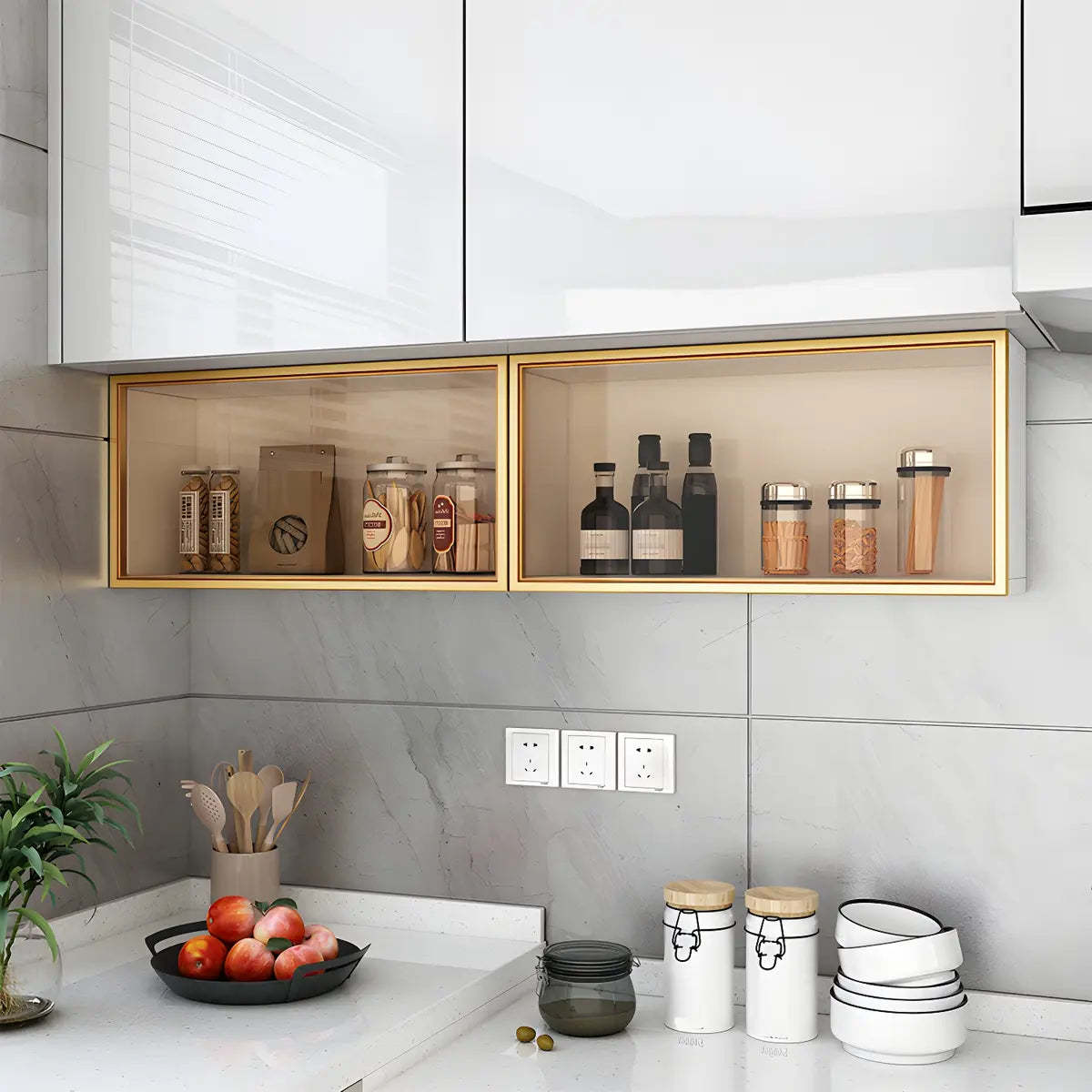 Wall-Mounted Kitchen Glass China Cabinet — White / Led Lights Not Included