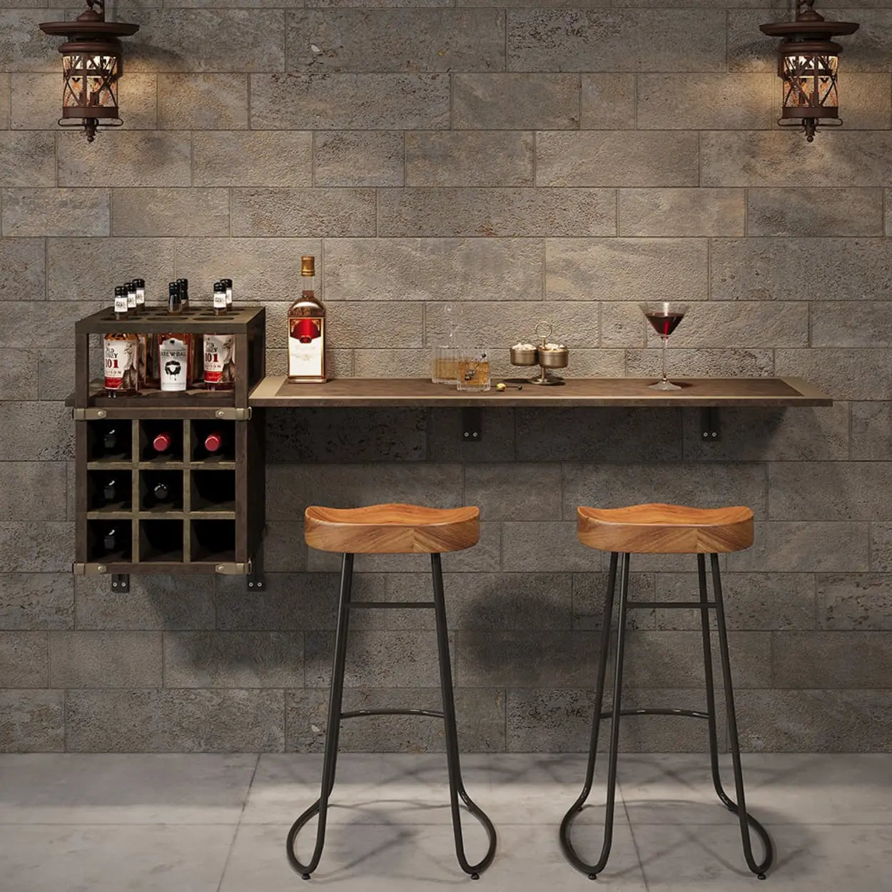 Wall-Mounted Bar Table with Wine Shelves