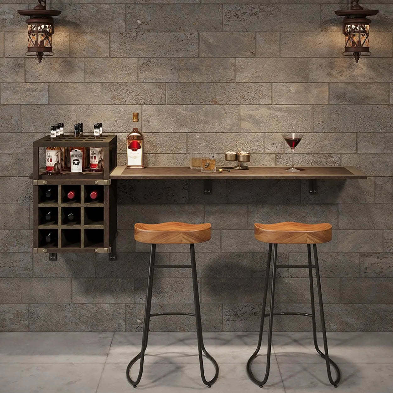 Wall-Mounted Bar Table with Wine Shelves