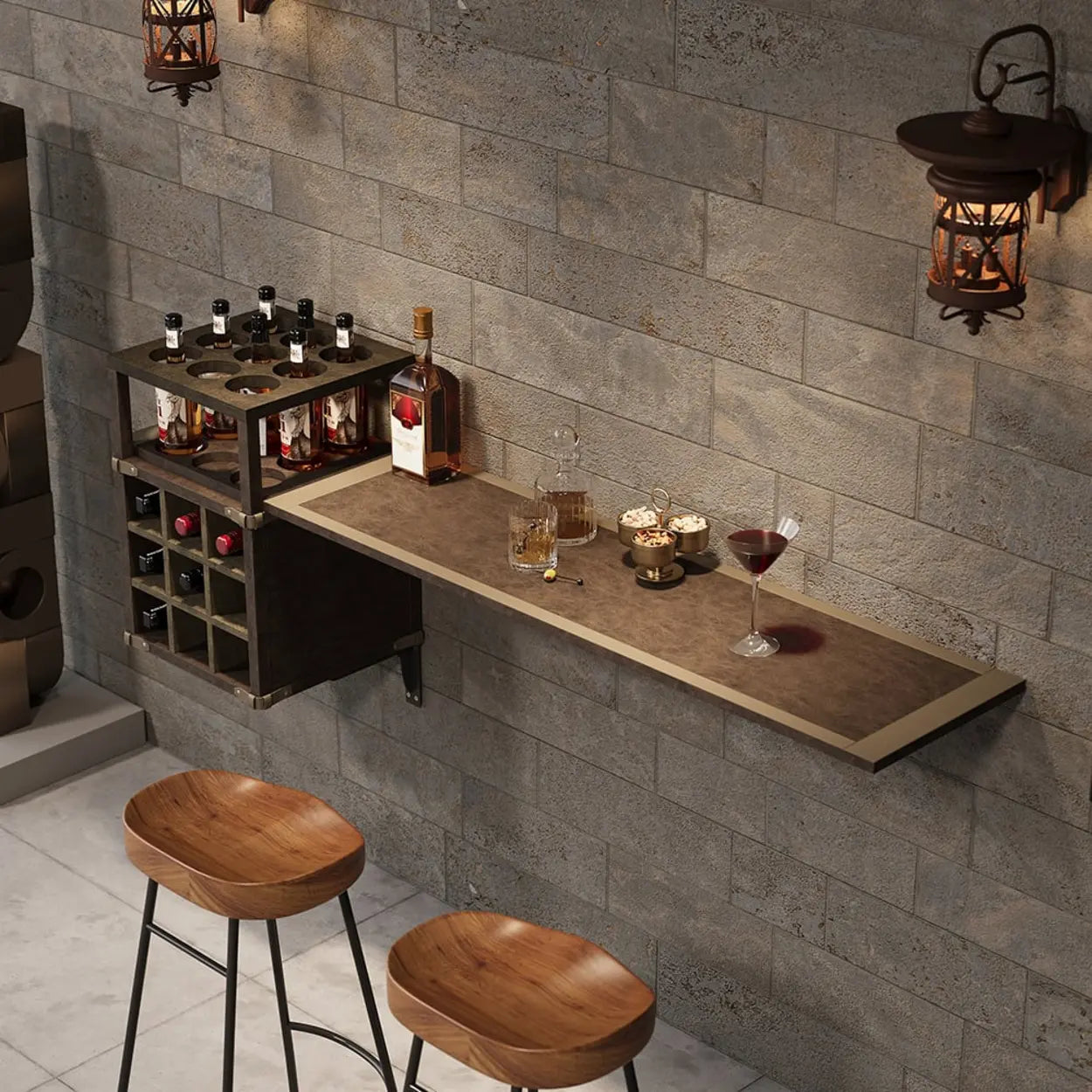 Wall-Mounted Bar Table with Wine Shelves