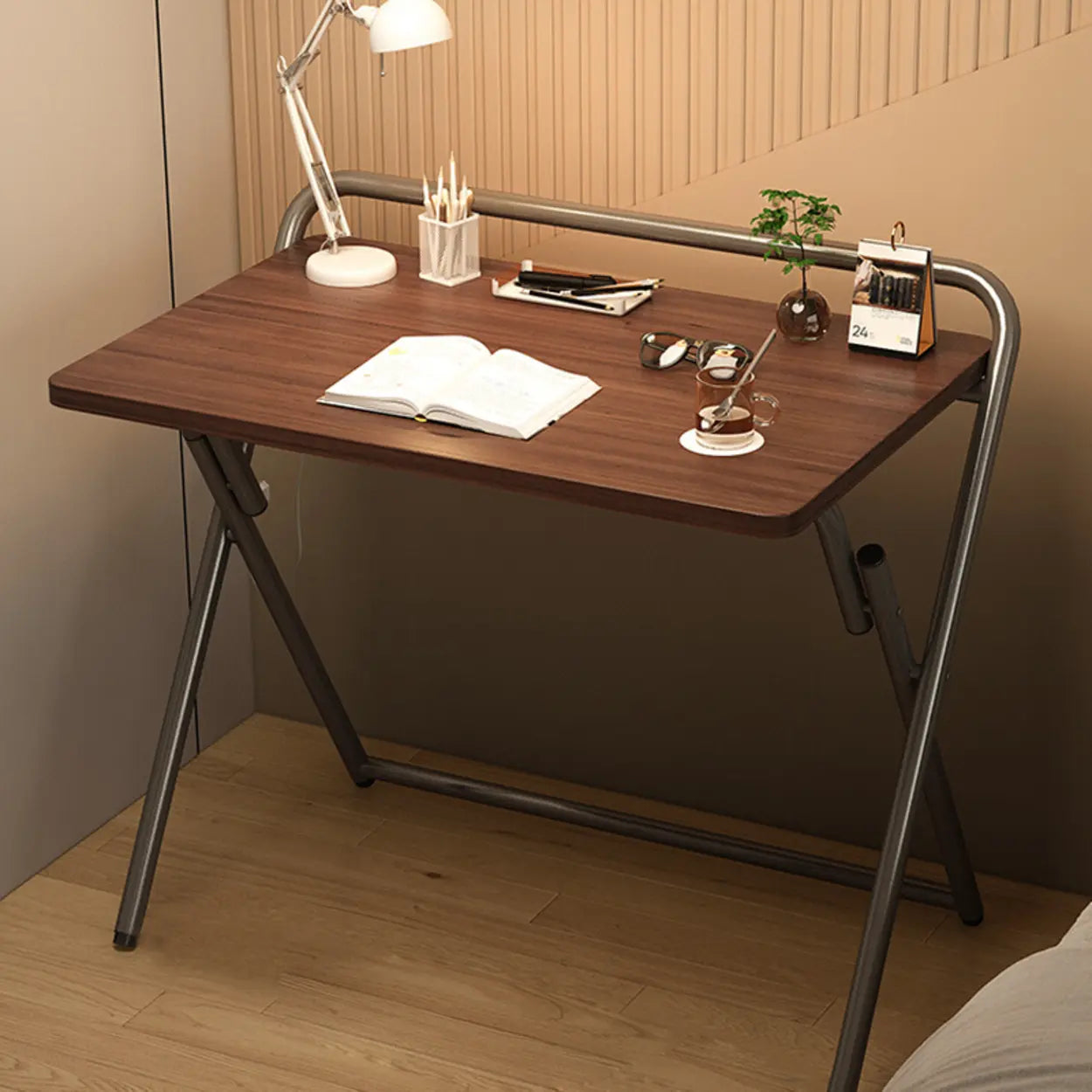 Walnut-Black Foldable Wood Small Desk