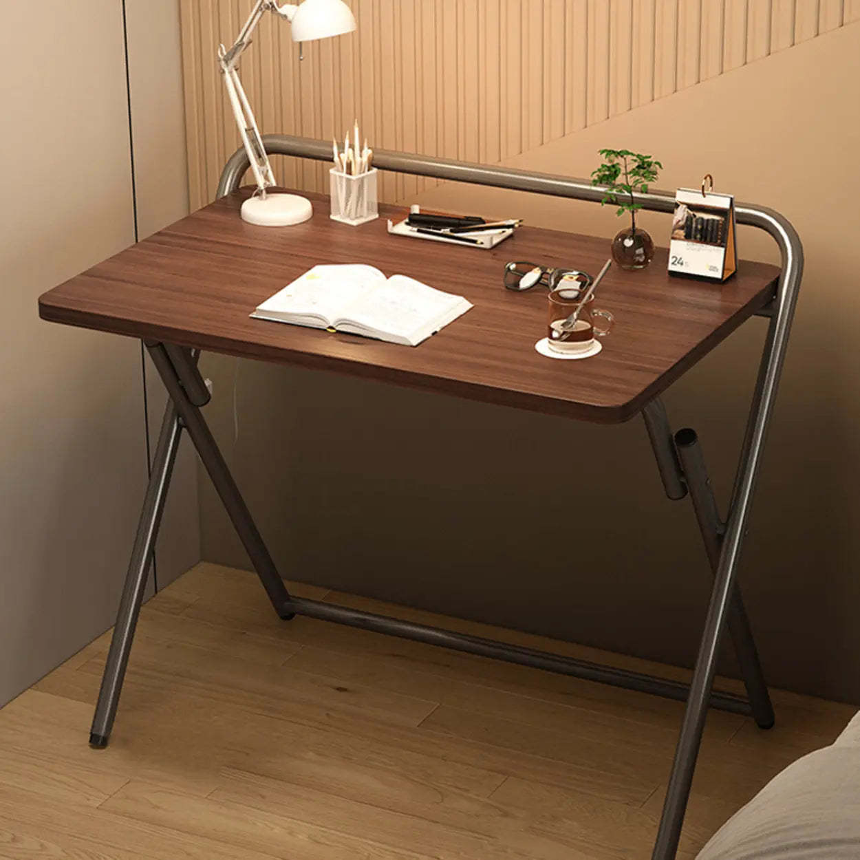 Walnut-Black Foldable Wood Small Desk — Black / Table Only
