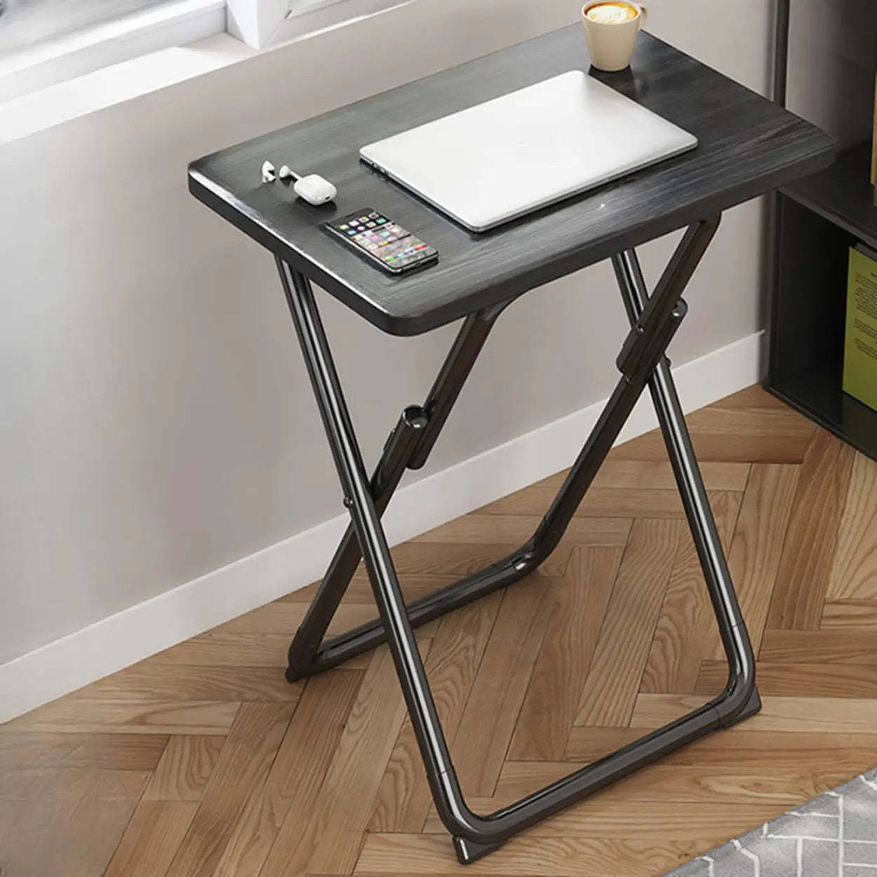 Walnut-Black Foldable Wood Small Desk — White / Table Only