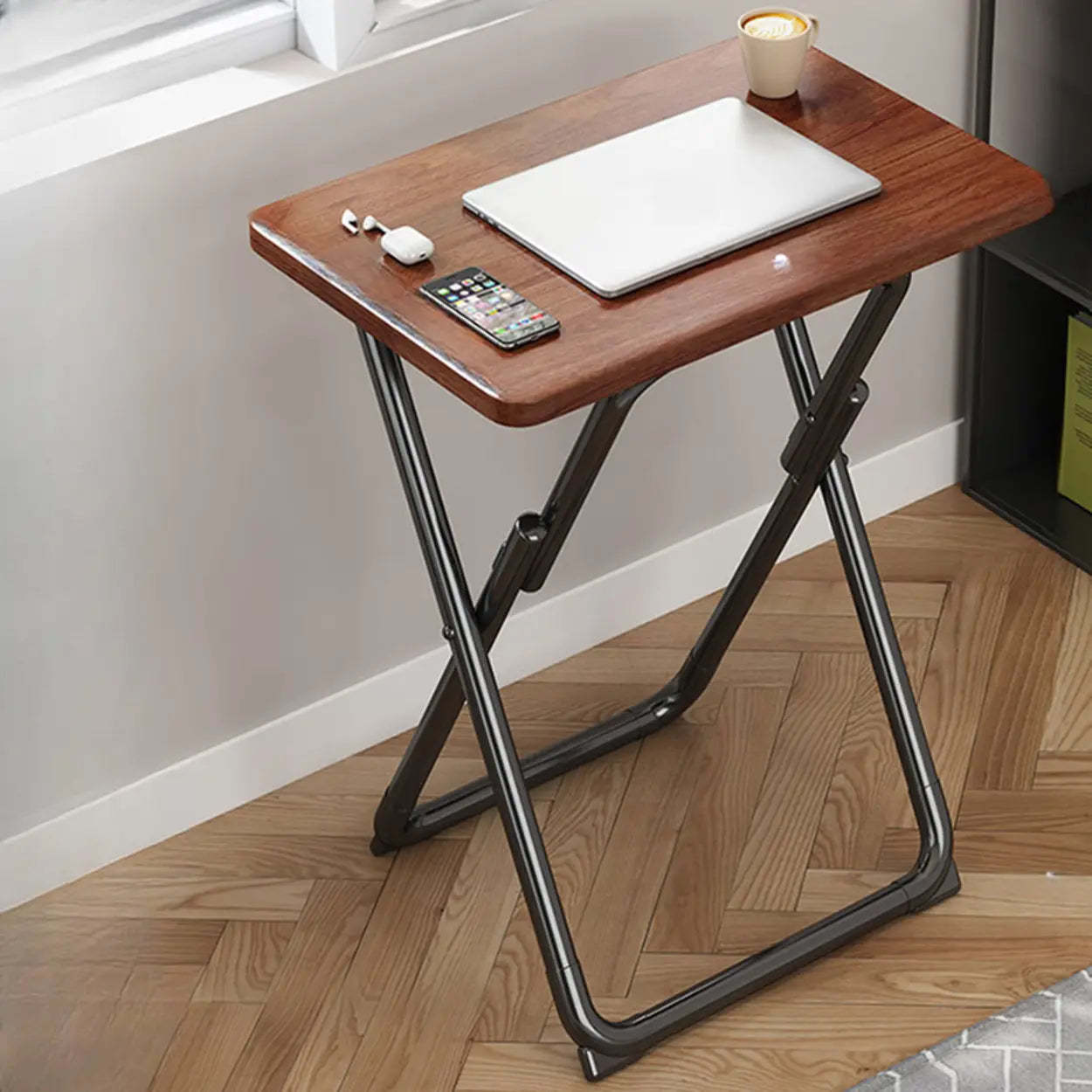 Walnut-Black Foldable Wood Small Desk — Natural/ White / Table Only