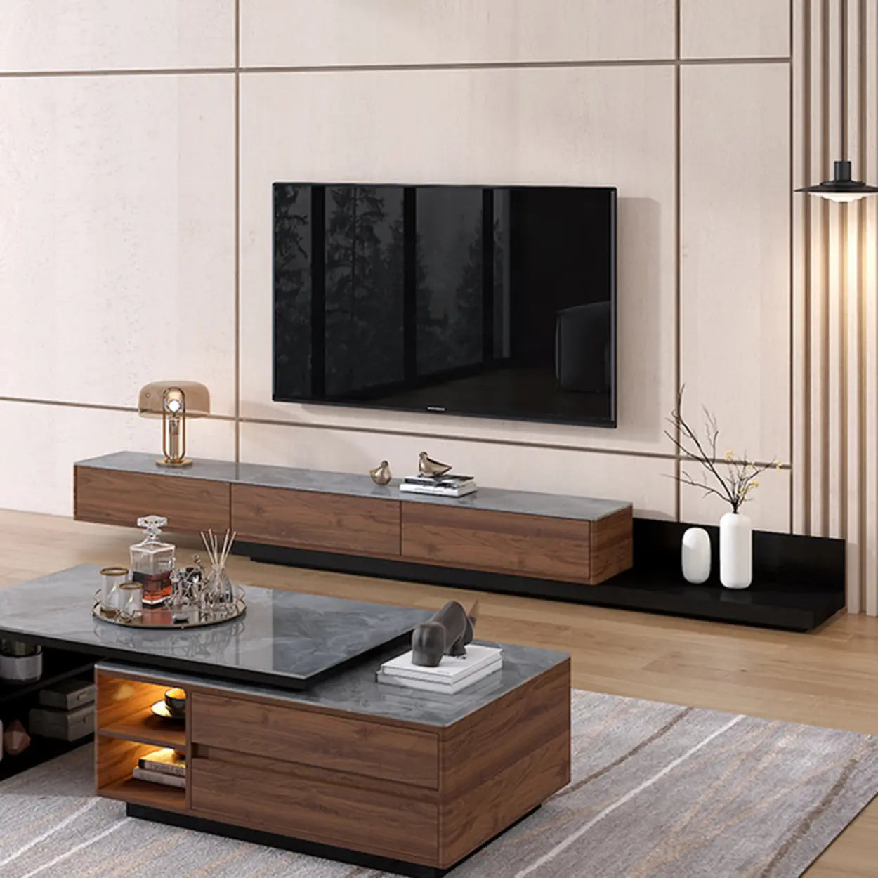 Walnut-Black Stone Rectangle Long TV Stand